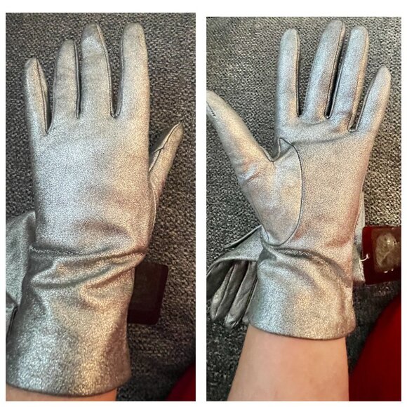 NWT CARLO PAZOLINI leather silver gloves with silk lining - Picture 8 of 10